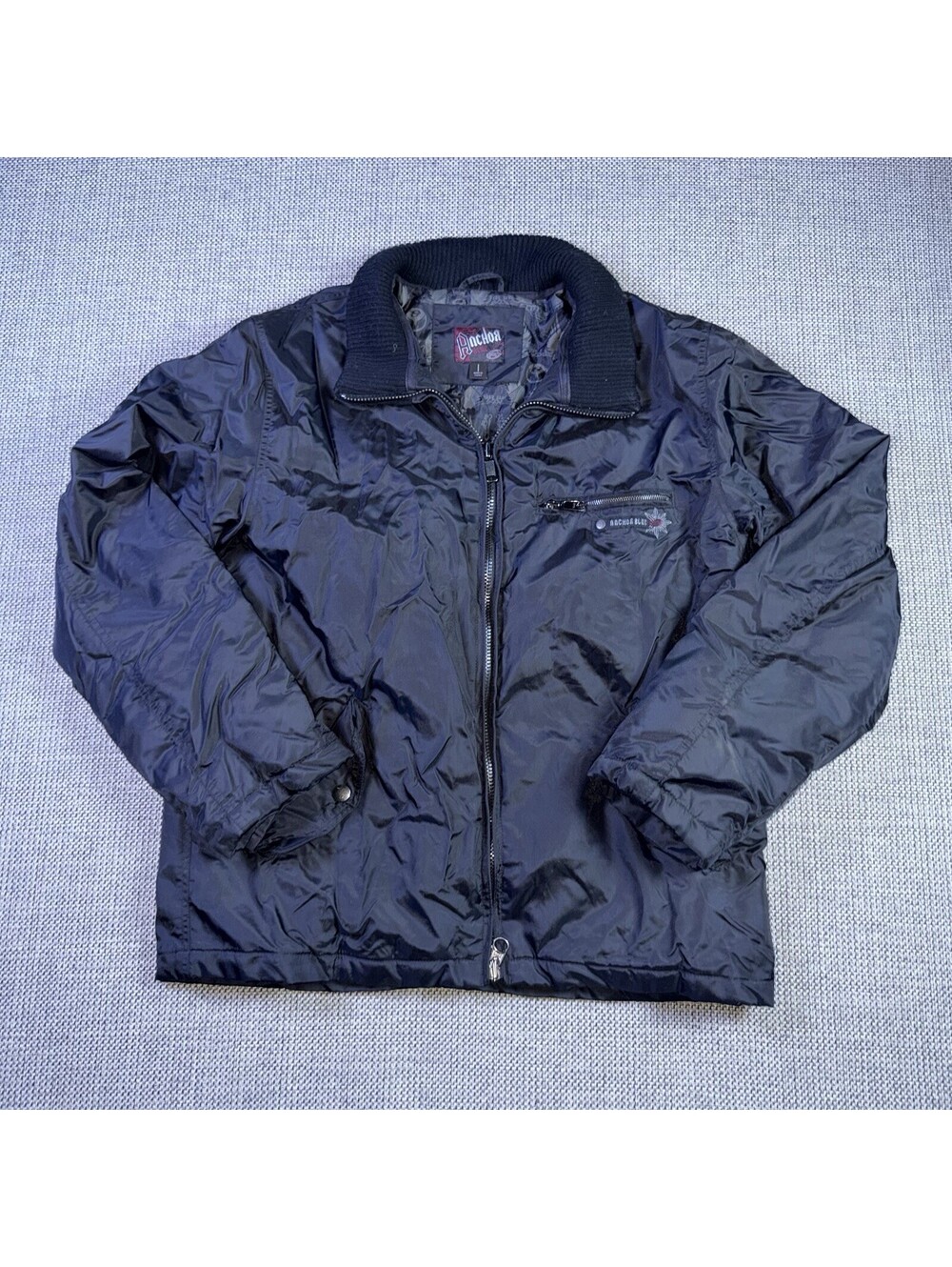 Y2K Anchor Blue Bomber Jacket Mens Large Black Insulated Full Zip Nylon 2000s